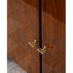 Wooden cabinet with gold handles on a white background