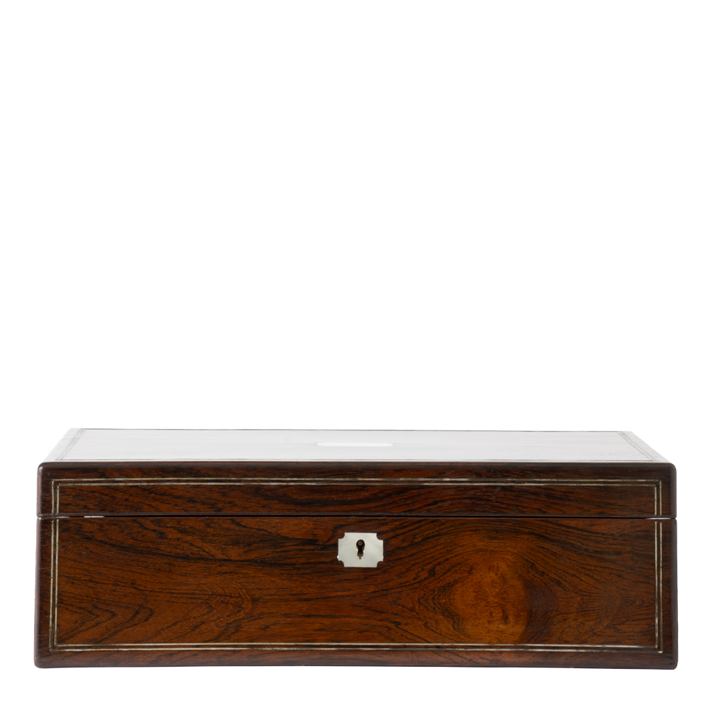 A rectangular wooden chest or box with a dark polished wood grain finish, featuring a small silver metal keyhole on the front, shown against a plain white background.