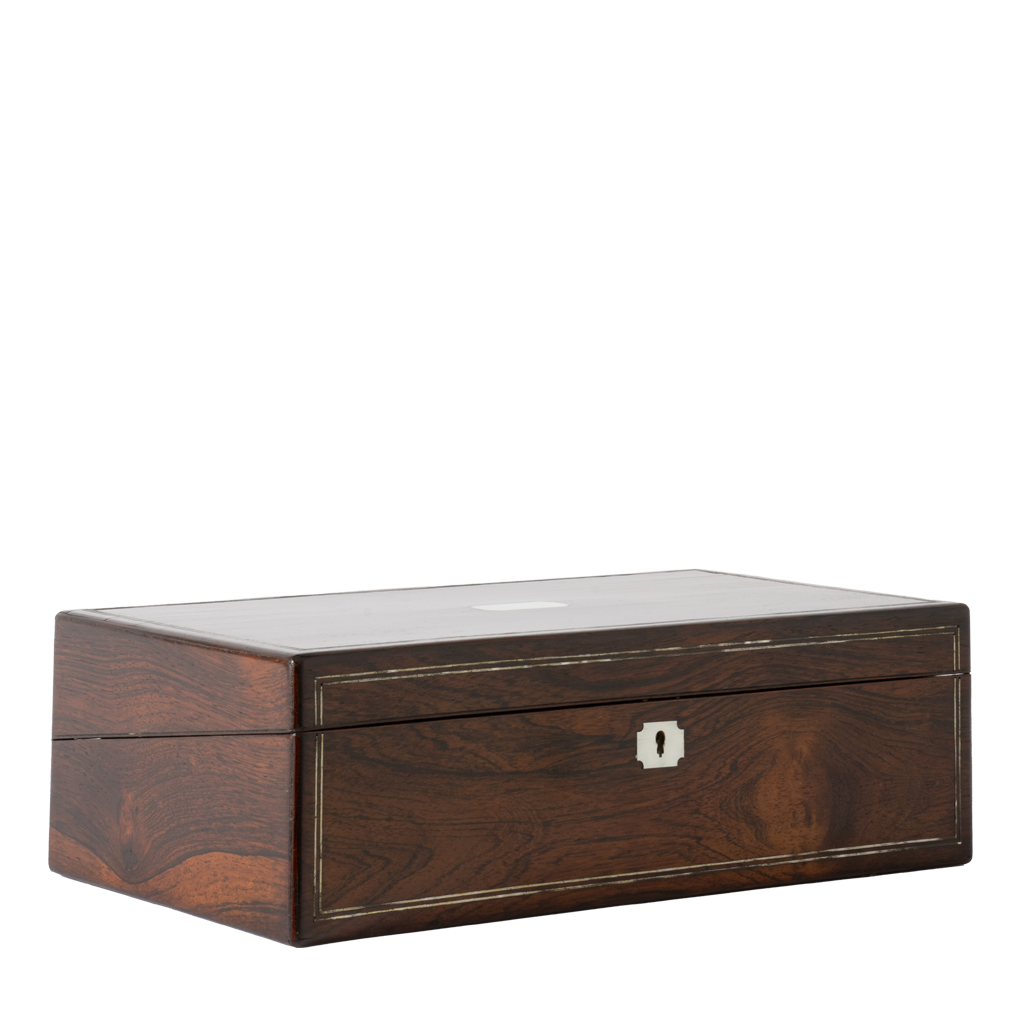 A rectangular dark brown wooden chest or drawer with a hinged lid, featuring a small silver metal lock on the front and subtle gold-toned trim lines, set against a plain white background.