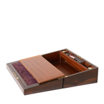 An open wooden campaign box made of dark brown wood, showing the interior storage and a purple velvet inner panel on a white background.