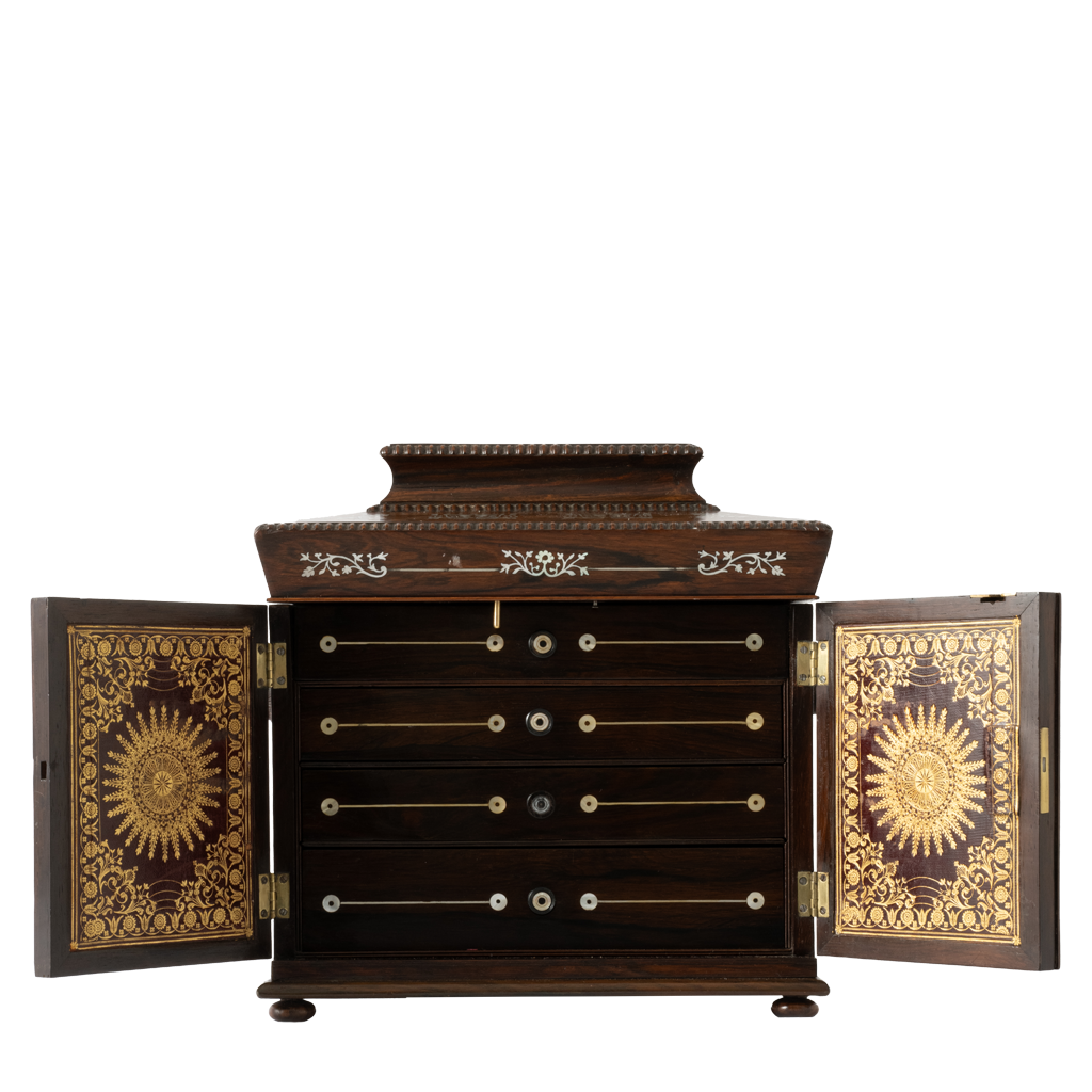 Antique jewelry box with ornate mother of pearl inlay and two open doors with gold details.