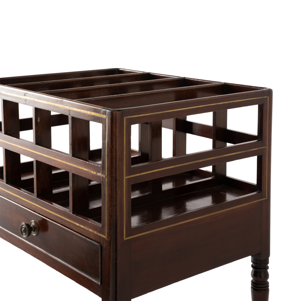A dark brown wooden side table featuring a slatted open top, two open shelves, and a single drawer on the left with round metal knobs, shown against a plain white background.