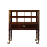 A dark reddish-brown wooden rolling cabinet with a single drawer, a grid-patterned upper frame, and brass caster wheels, shown against a plain white background.