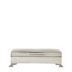 A polished silver rectangular box with a hinged lid, a central horizontal handle, and small feet at the bottom, shown against a plain white background.