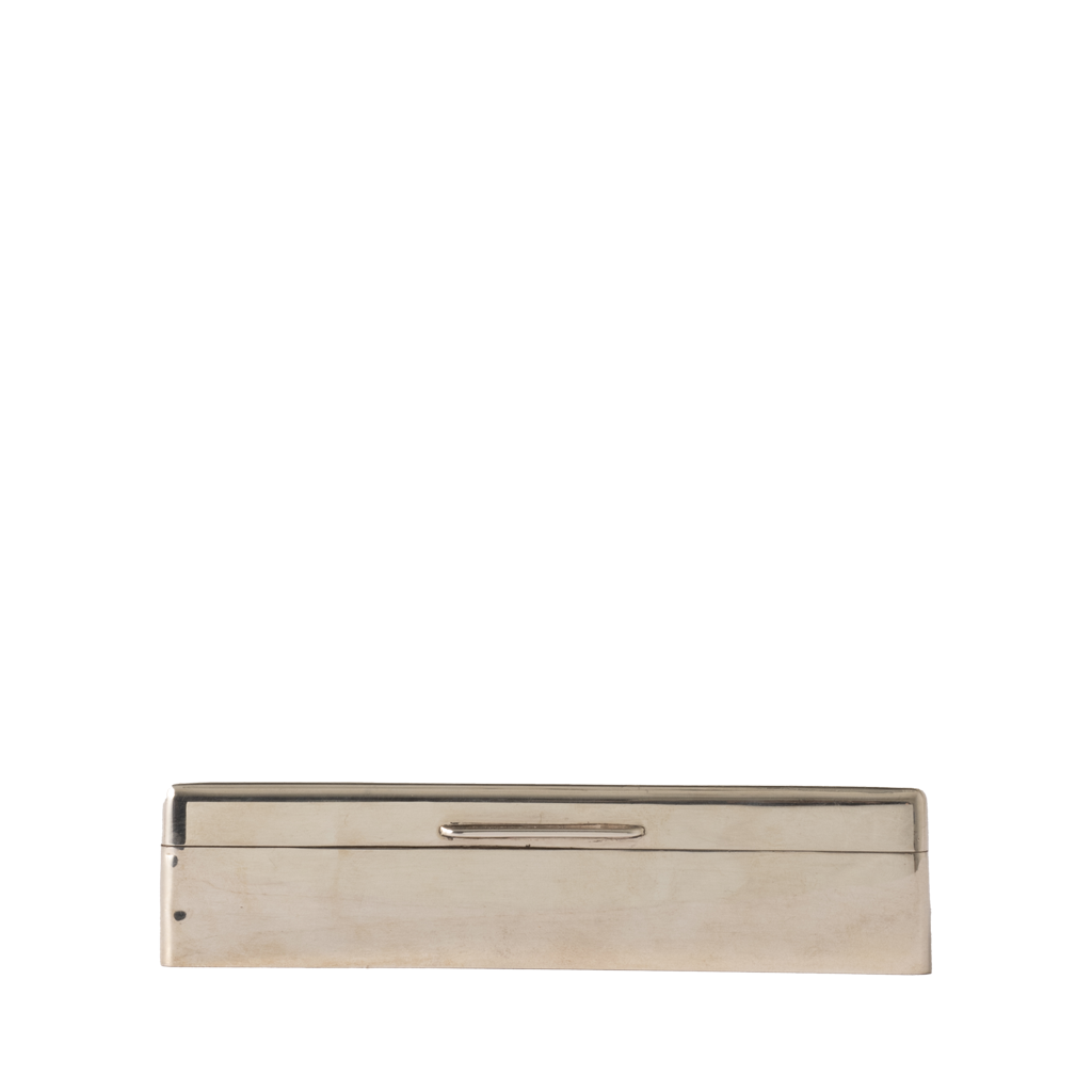 A rectangular silver-toned metal box with a hinged lid and a central handle, shown against a plain white background.
