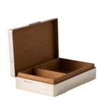 An open antique silver box with a brown wood interior, shown on a plain white background.