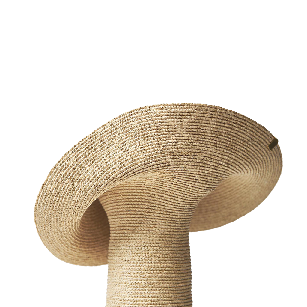 A beige-colored tall lapel vase made from natural raffia, with an open collar design.