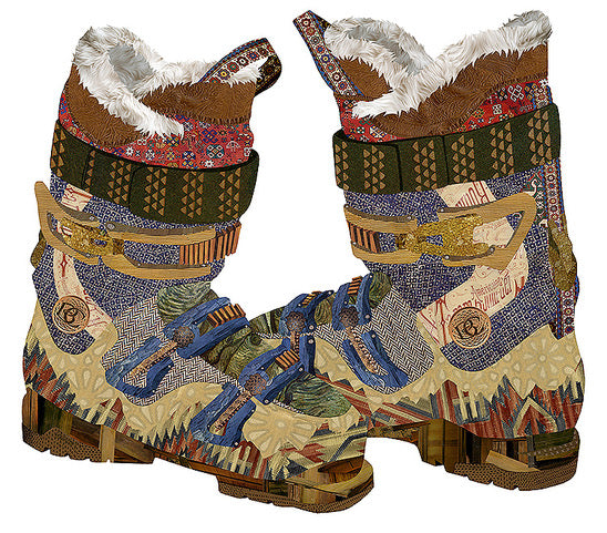 Pair of colorful, patterned boots with a patchwork design on a white background