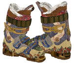 Pair of colorful, patterned boots with a patchwork design on a white background