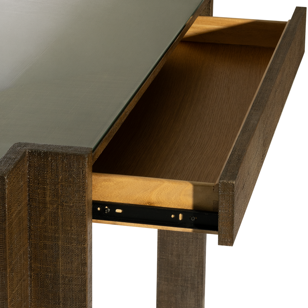 Wooden table with a pull-out drawer on a white background