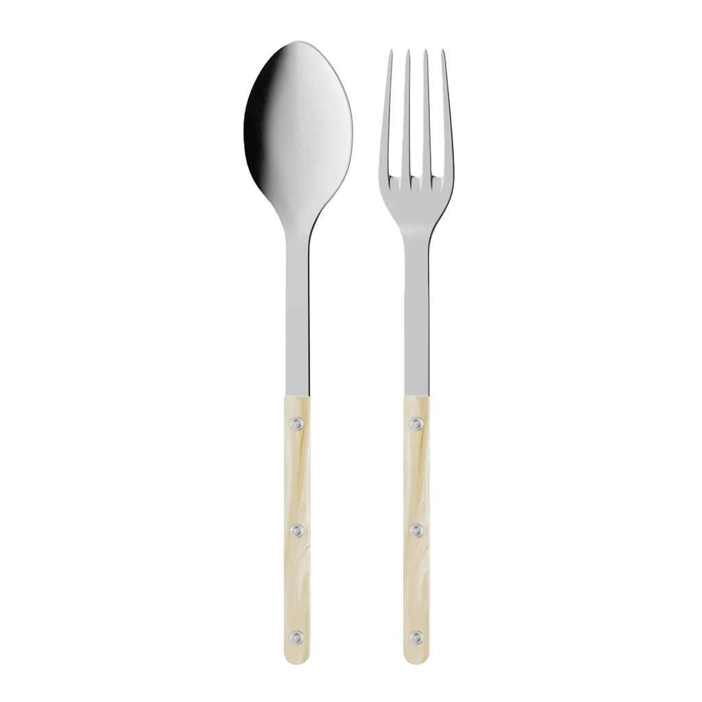 Stainless steel spoon and fork with beige handles on a white background