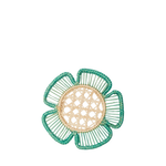 Floral-shaped woven coaster with green and beige colors on a white background