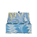 Blue and yellow patterned box on a white background