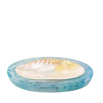 side angle of a blue resin caviar dish with natural shell inlay on a white background