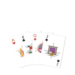 Four playing cards with abstract designs on a white background