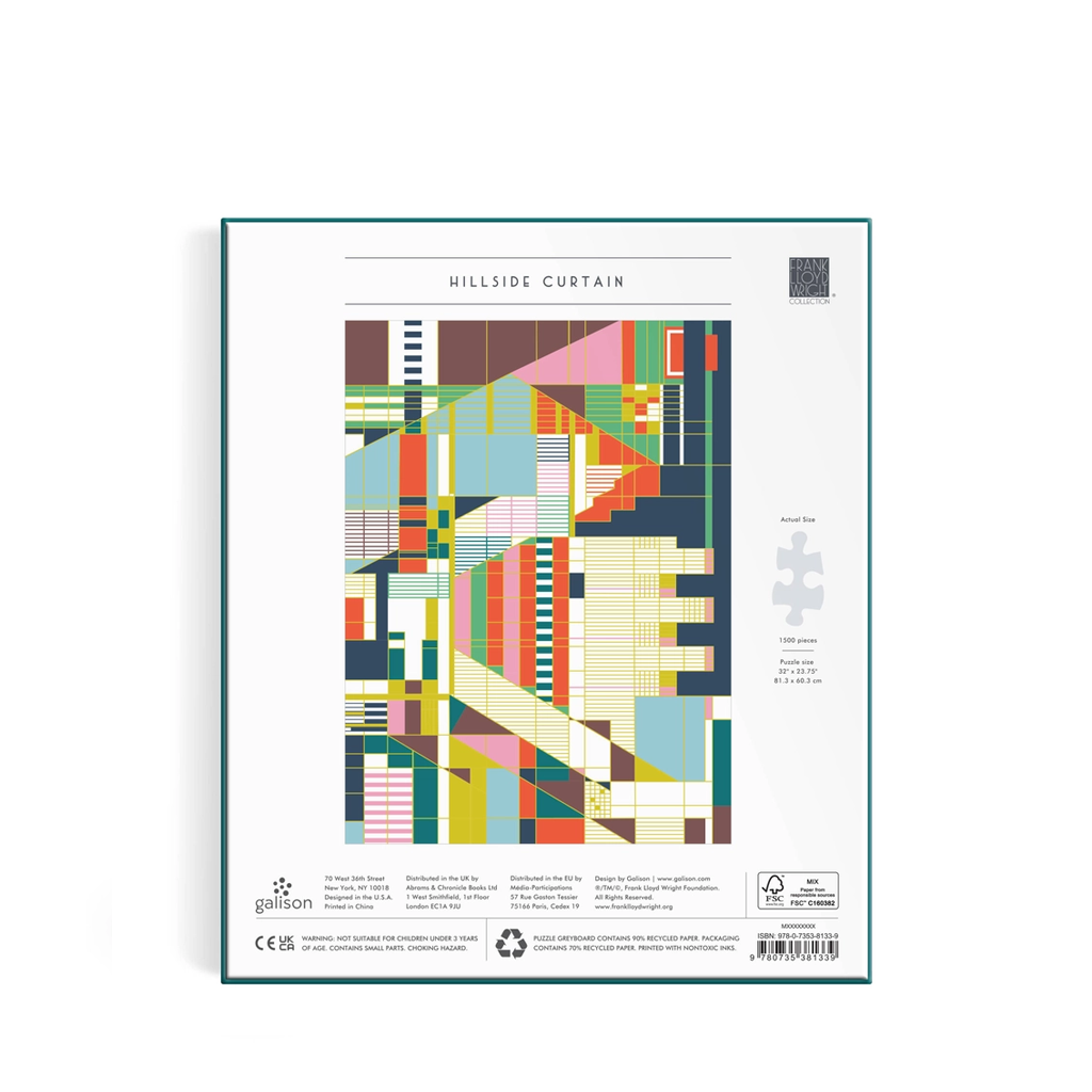 Jigsaw puzzle packaging with geometric pattern on a white background