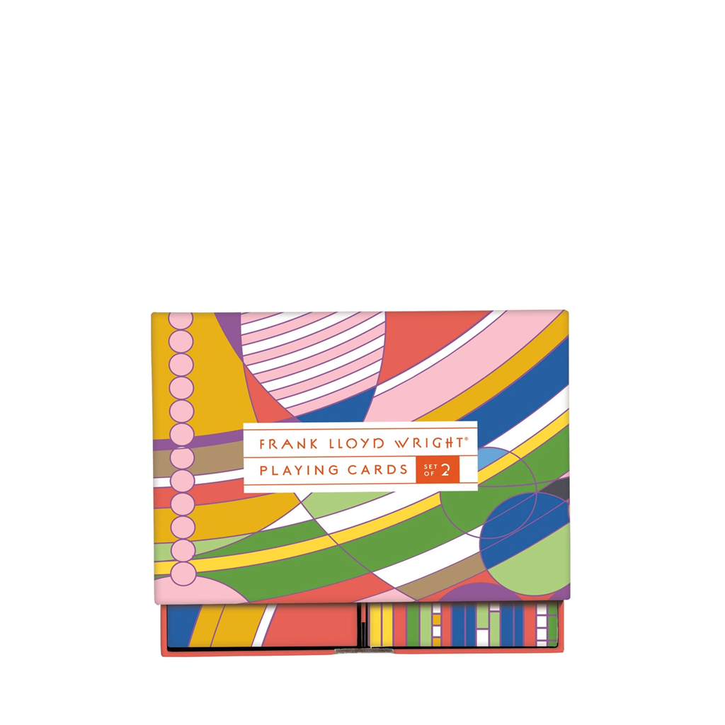 Colorful geometric-patterned card deck with 'Frank Lloyd Wright Playing Cards' text on a white background