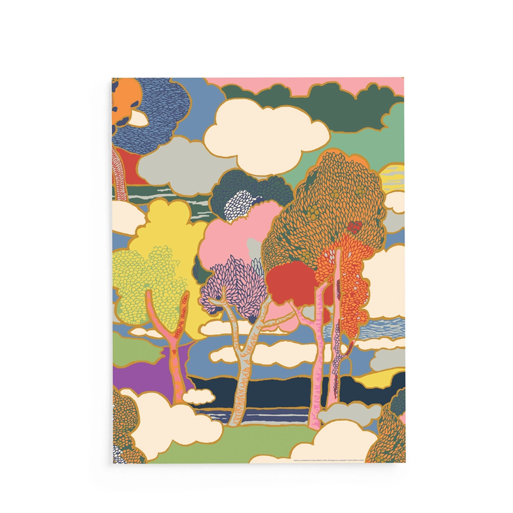 Colorful illustration of trees and clouds on a white background