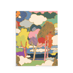 Colorful illustration of trees and clouds on a white background