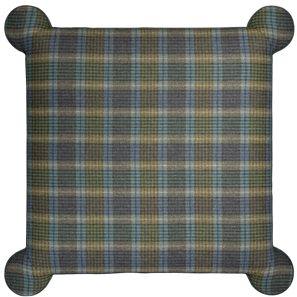 Plaid patterned cushion with rounded corners on a white background