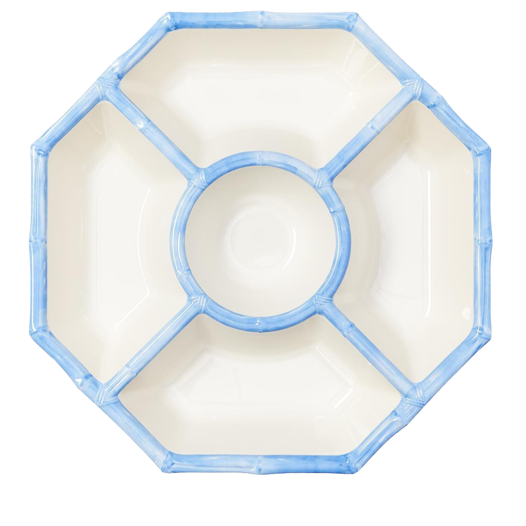 Hexagonal bowl with light blue rim on a white background