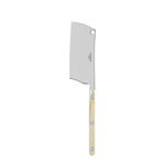 Stainless steel utensil with beige handle on a white background