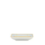 A light blue and yellow, square-shaped porcelain change tray with gold geometric patterns on the border, side view.