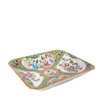 Rectangular porcelain tray with colorful Famille Rose scenes and intricate floral border detailing.