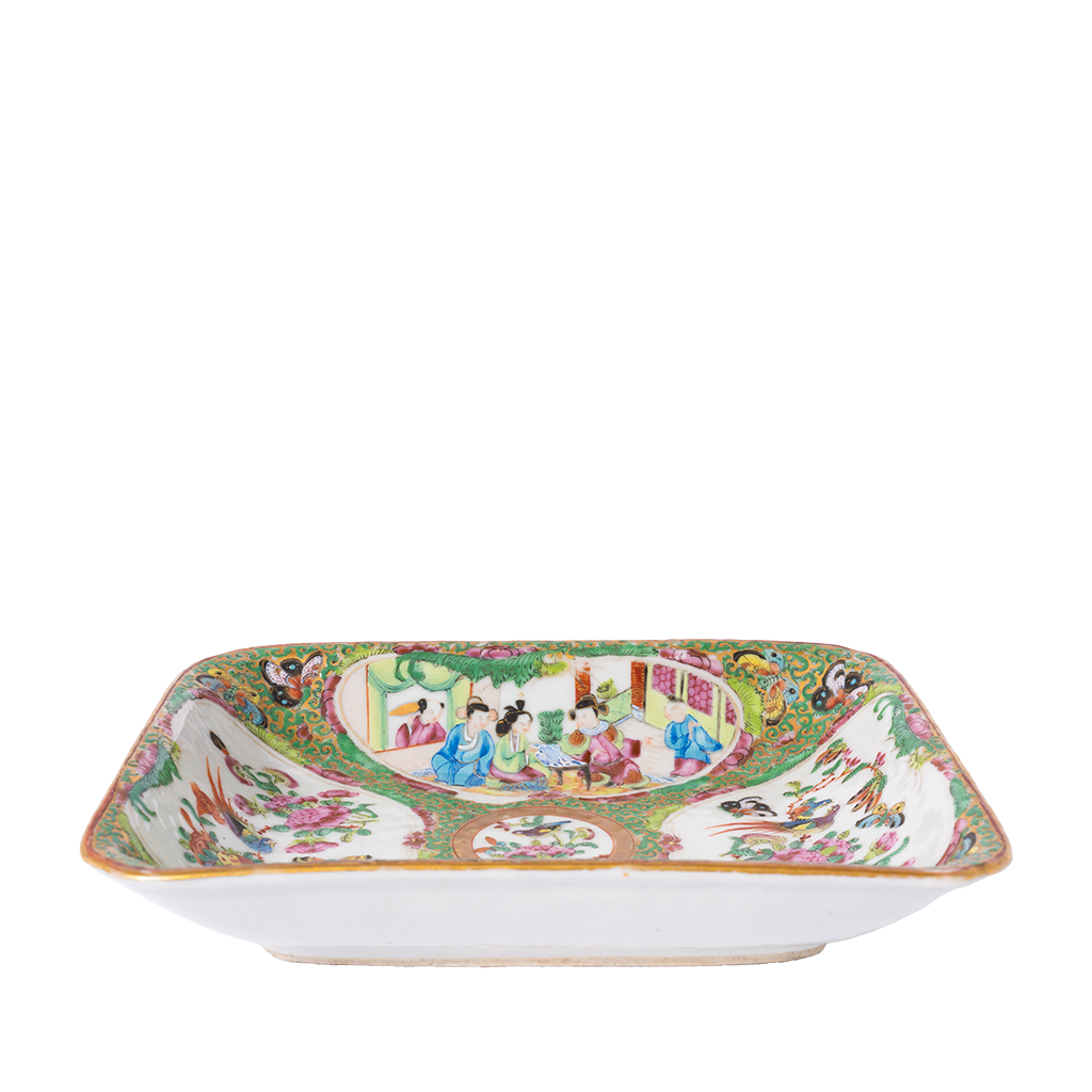 Rectangular ceramic tray with vibrant Famille Rose floral and bird motifs, detailed colorful scenes, and ornate gold accents.