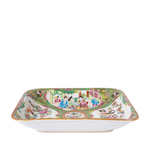 Rectangular ceramic tray with vibrant Famille Rose floral and bird motifs, detailed colorful scenes, and ornate gold accents.