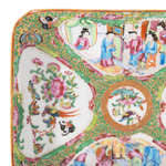 Rectangular porcelain tray with intricate Canton Famille Rose floral and butterfly motifs on green patterned background.
