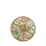 Decorative ceramic plate with colorful floral and figurine design on a white background