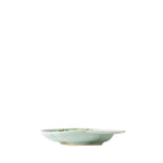 A small ceramic plate with a pale celadon green glaze and a delicate multicolor floral pattern along the rim, shown against a solid white background.