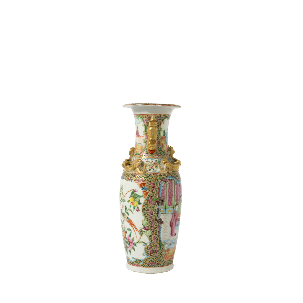Tall ceramic Canton Famille Rose vase with intricate floral and bird patterns, gold decorative accents, and a flared rim.