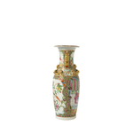 Tall ceramic Canton Famille Rose vase with intricate floral and bird patterns, gold decorative accents, and a flared rim.