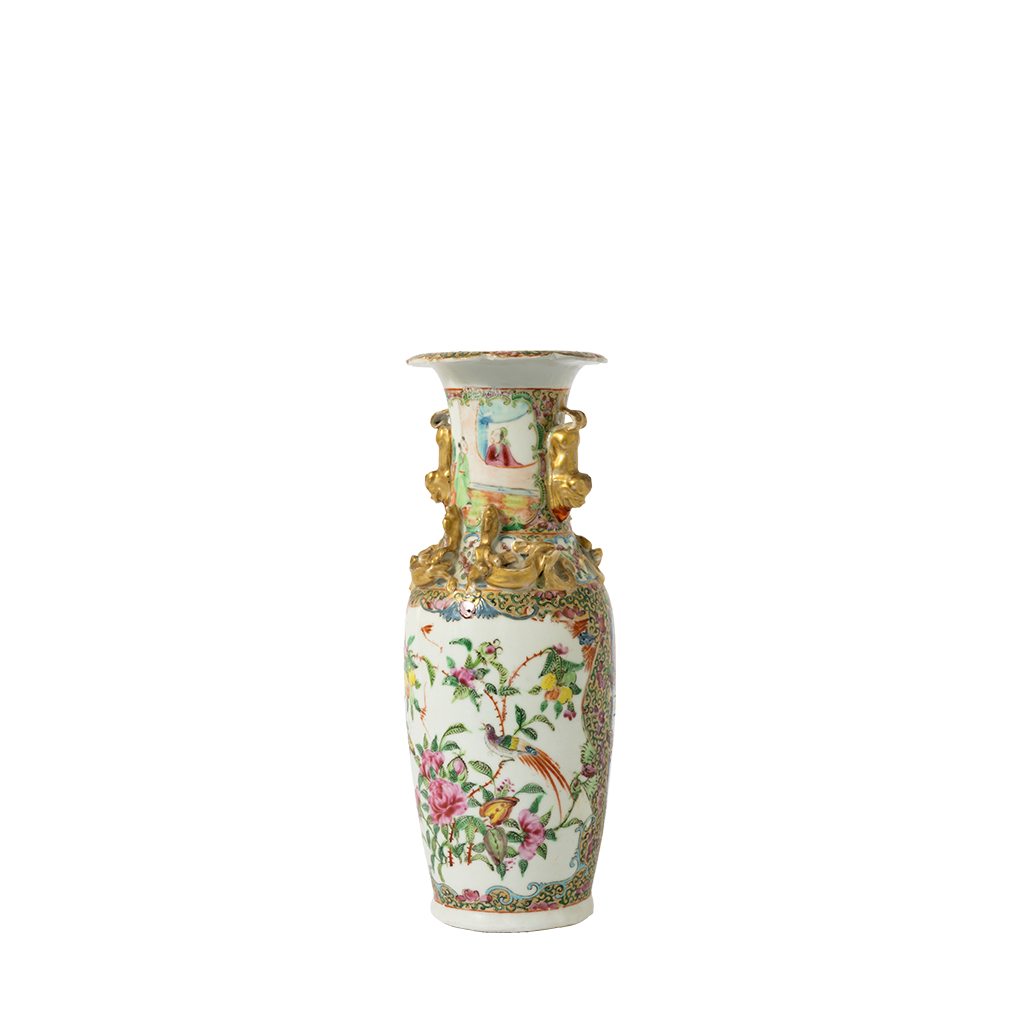 Tall porcelain vase with detailed Famille Rose floral patterns and gold decorative handles.