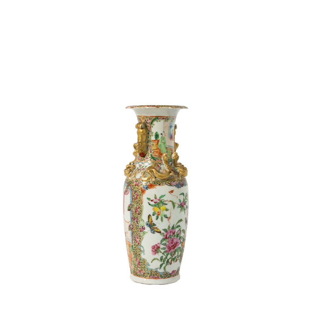 Tall white porcelain vase with colorful floral and bird motifs, ornate gold accents, and intricate raised detailing around.
