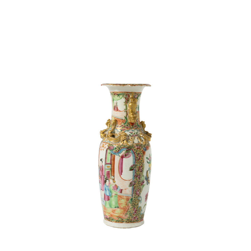 Tall ceramic vase with flared rim, intricate multicolored Famille Rose floral and figure patterns, and raised gold dragon.