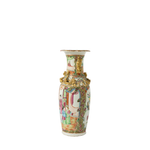 Tall ceramic vase with flared rim, intricate multicolored Famille Rose floral and figure patterns, and raised gold dragon.