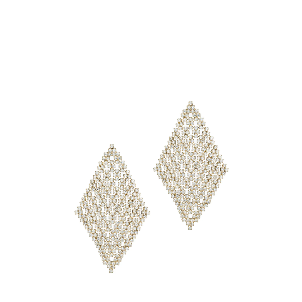 A pair of diamond-shaped stud earrings made of tightly set clear rhinestones on a plain white background.