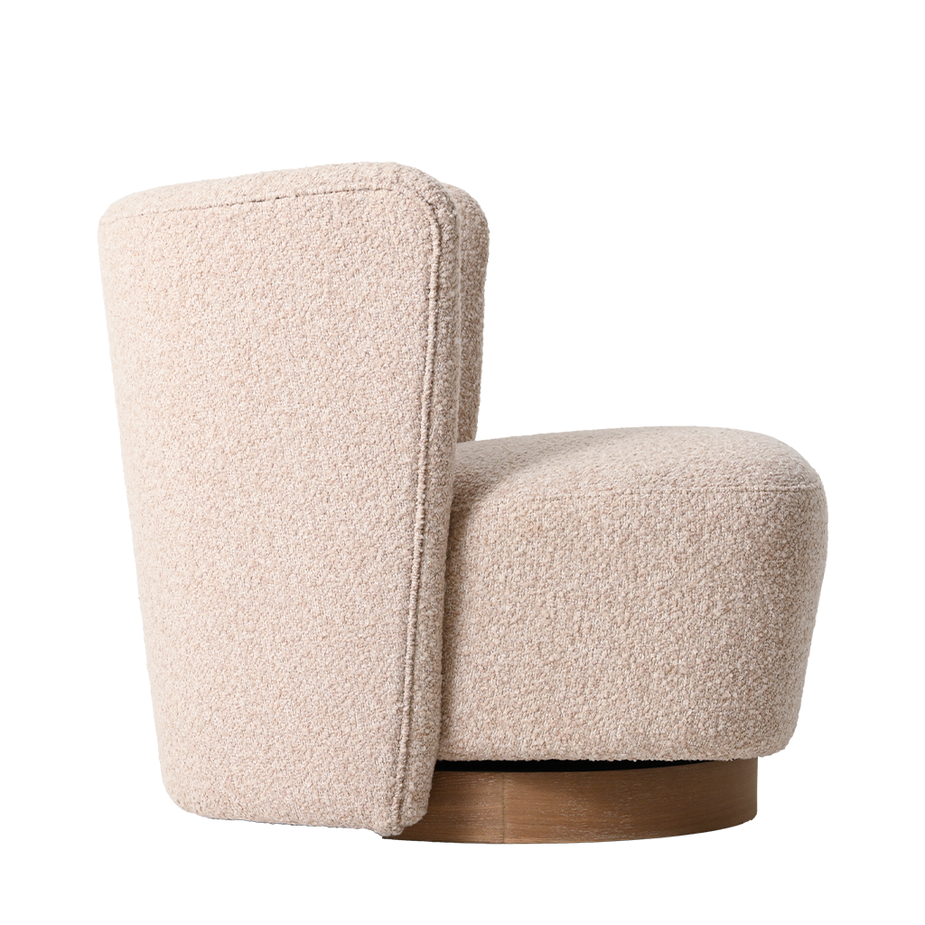 Beige armchair with wooden base on a white background