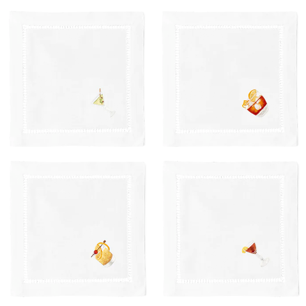 Set of 4 Cocktail Napkins with Classic Cocktail embroidered details