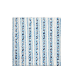 A square fabric napkin featuring a vertical striped pattern with blue motifs on a white background.
