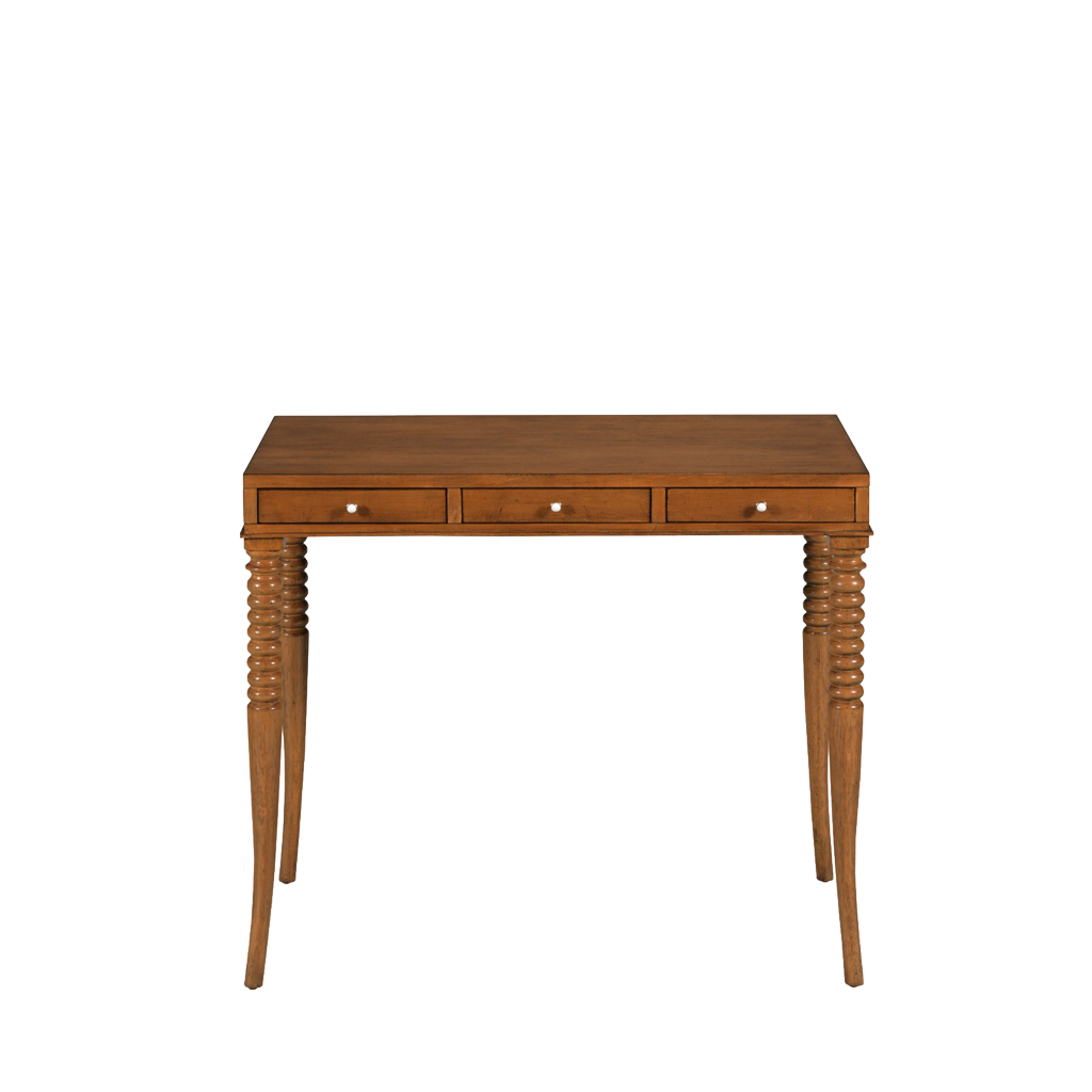 Wooden desk with three drawers on a white background