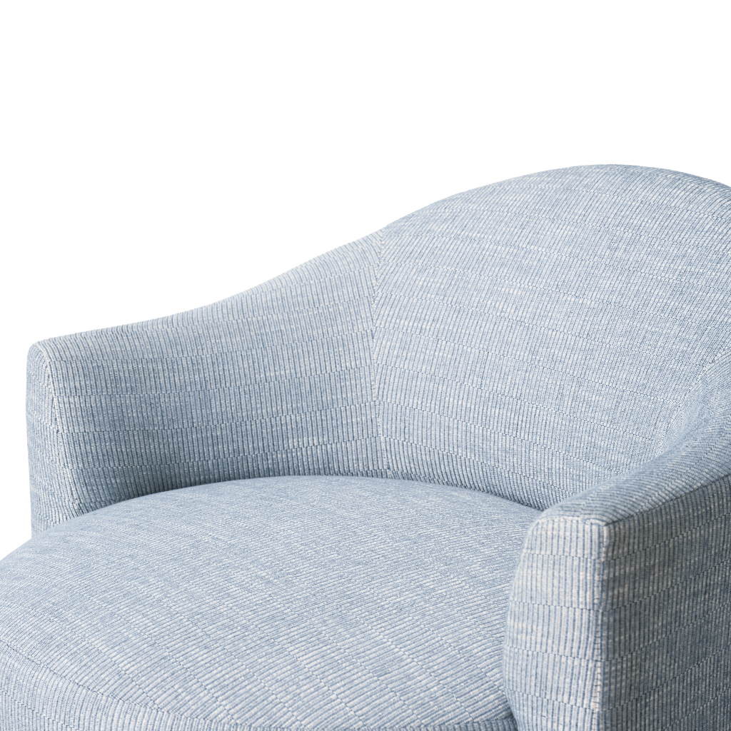 Close-up of a light blue upholstered chair with a textured fabric on a white background