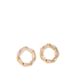 Gold and clear hexagonal hoop earrings on a white background