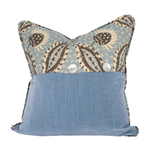 back of brown and blue pillow, with pearl buttons