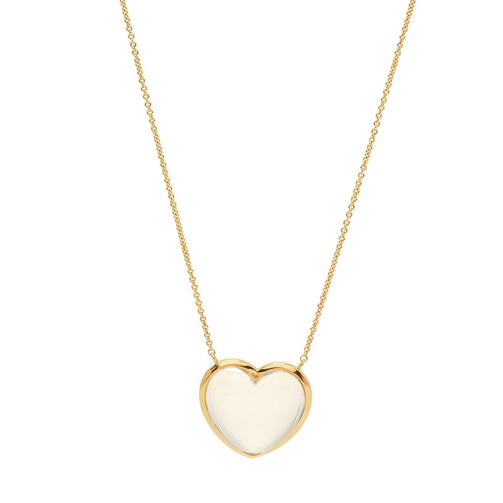 Heart-shaped pendant necklace with gold chain on a white background