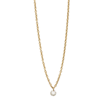 Gold necklace with a small diamond pendant on a white background