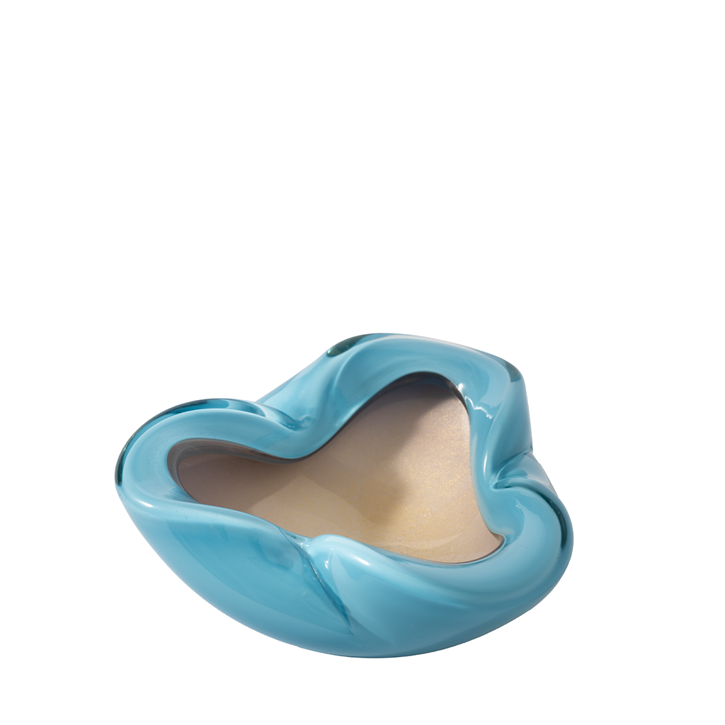 Blue murano glass heart-shaped bowl on a white background